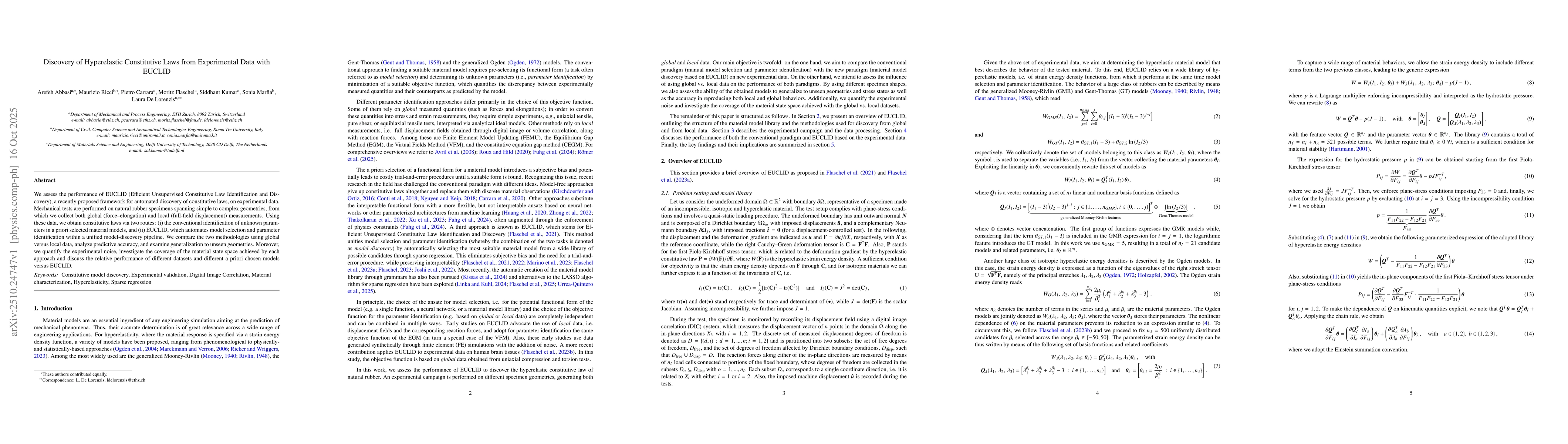 Thumbnail for Discovery of Hyperelastic Constitutive Laws from Experimental Data with
  EUCLID