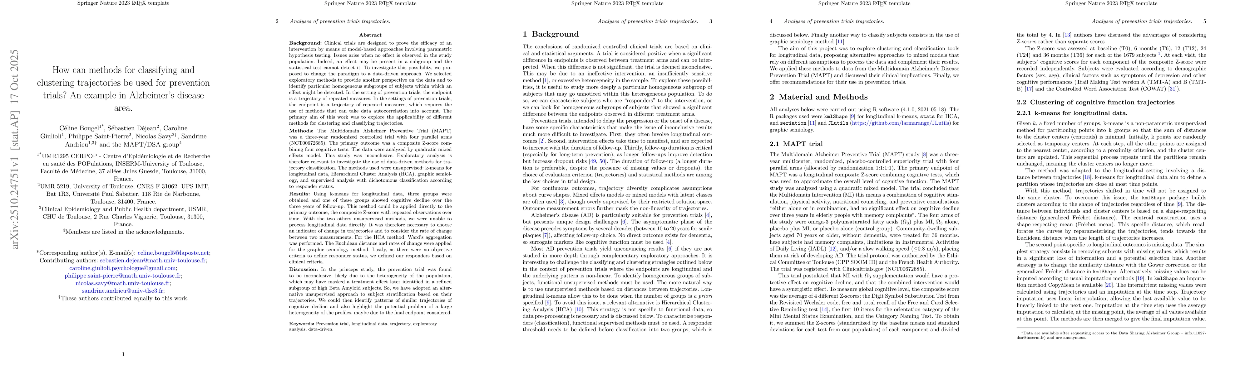 Thumbnail for How can methods for classifying and clustering trajectories be used for
  prevention trials? An example in Alzheimer's disease area