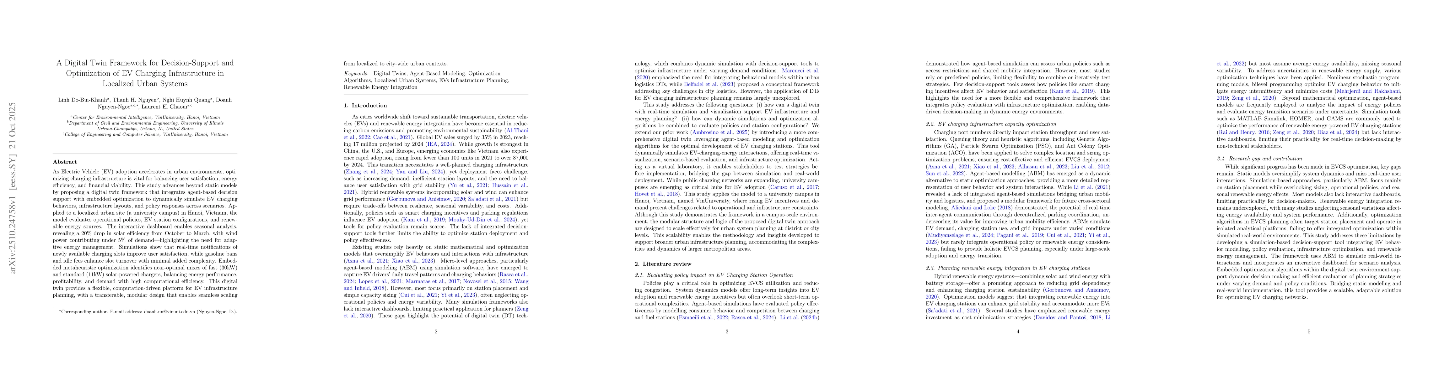 Thumbnail for A Digital Twin Framework for Decision-Support and Optimization of EV
  Charging Infrastructure in Localized Urban Systems