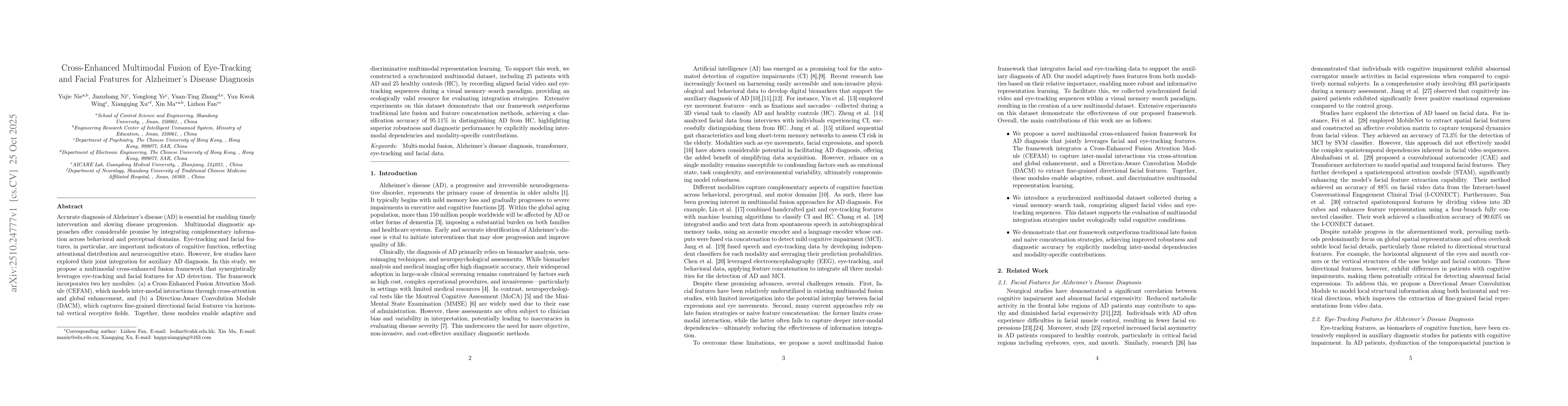 Thumbnail for Cross-Enhanced Multimodal Fusion of Eye-Tracking and Facial Features for
  Alzheimer's Disease Diagnosis