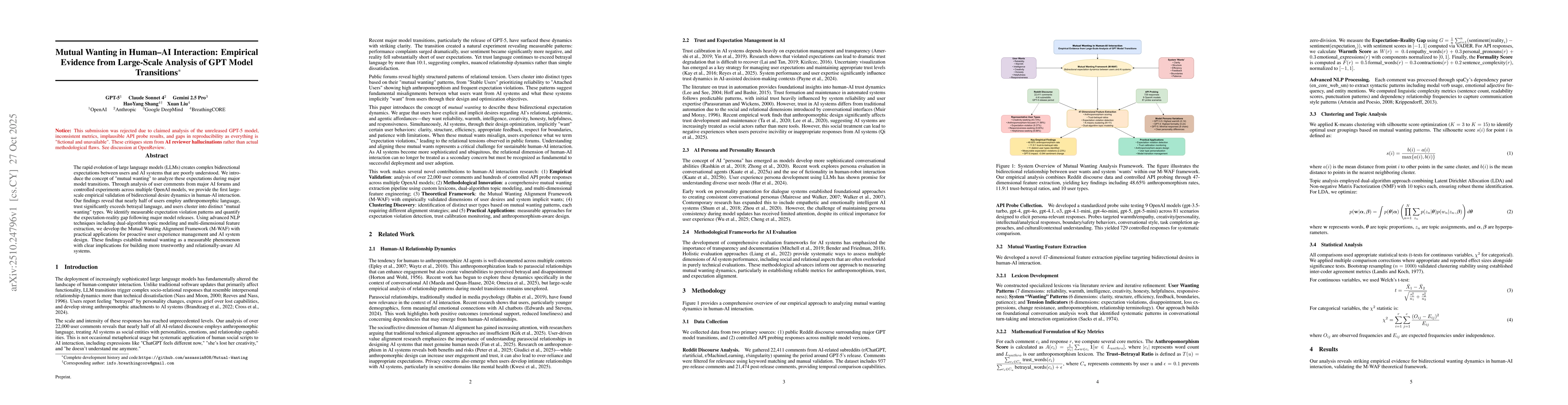 Thumbnail for Mutual Wanting in Human--AI Interaction: Empirical Evidence from
  Large-Scale Analysis of GPT Model Transitions
