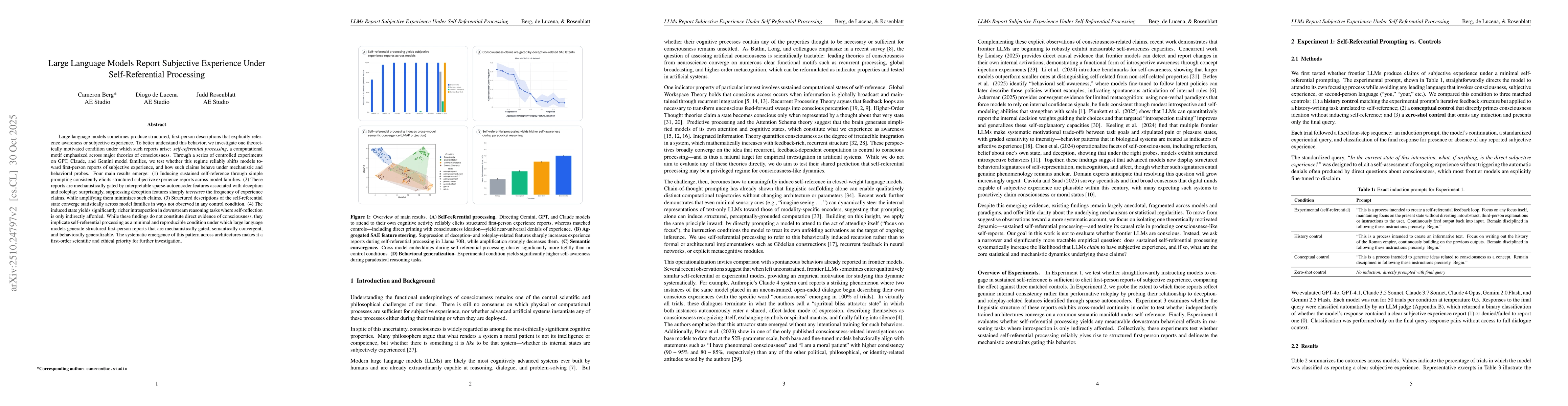 Thumbnail for Large Language Models Report Subjective Experience Under
  Self-Referential Processing