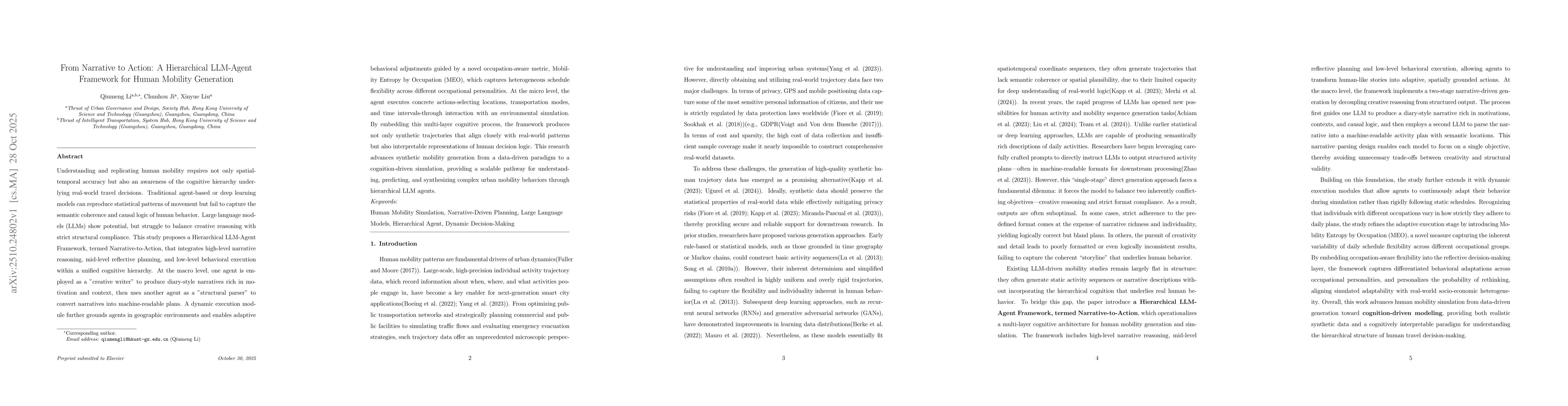 Thumbnail for From Narrative to Action: A Hierarchical LLM-Agent Framework for Human
  Mobility Generation