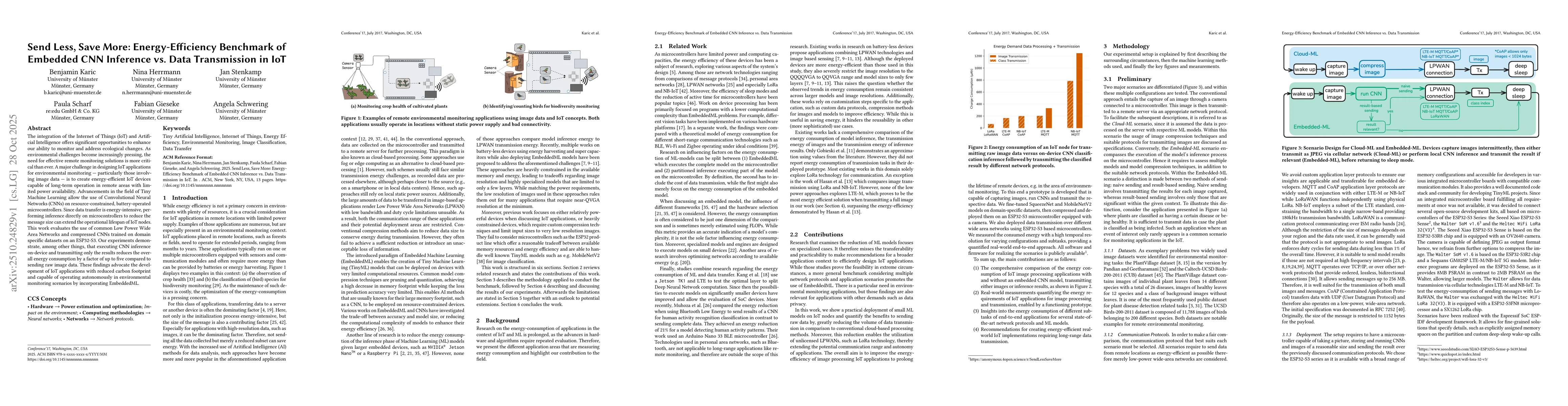 Thumbnail for Send Less, Save More: Energy-Efficiency Benchmark of Embedded CNN
  Inference vs. Data Transmission in IoT