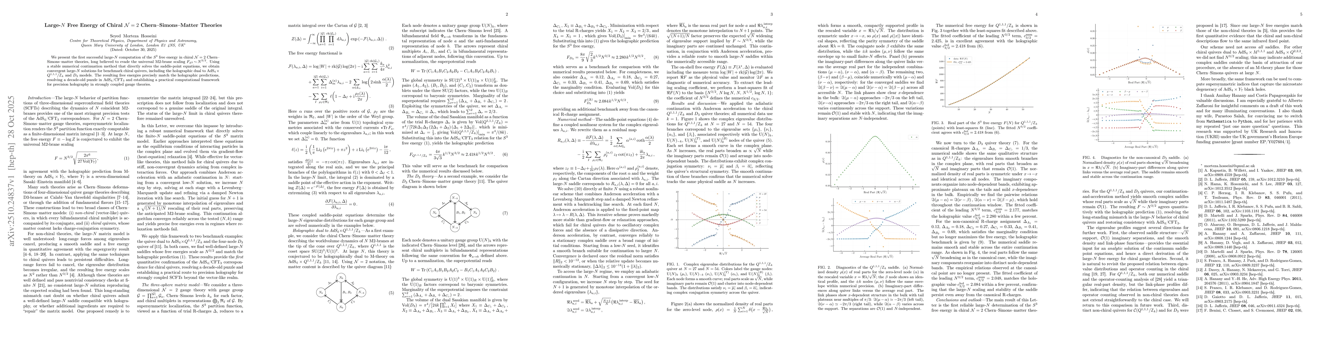 Thumbnail for Large-$N$ Free Energy of Chiral $\mathcal{N}=2$ Chern-Simons-Matter
  Theories