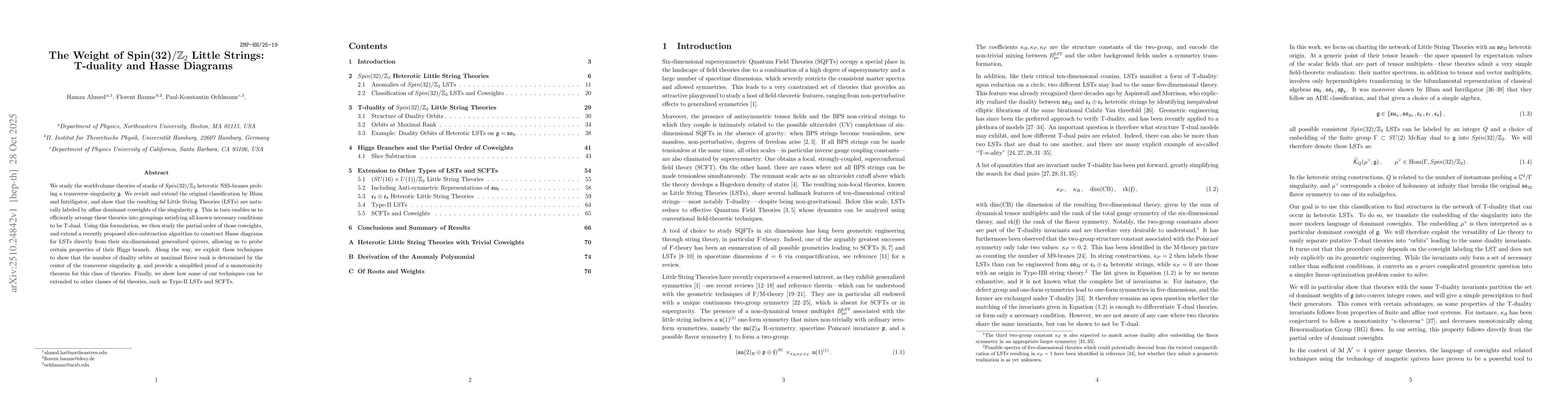 Thumbnail for The Weight of $Spin(32)/\mathbb{Z}_2$ Little Strings: T-duality and
  Hasse Diagrams