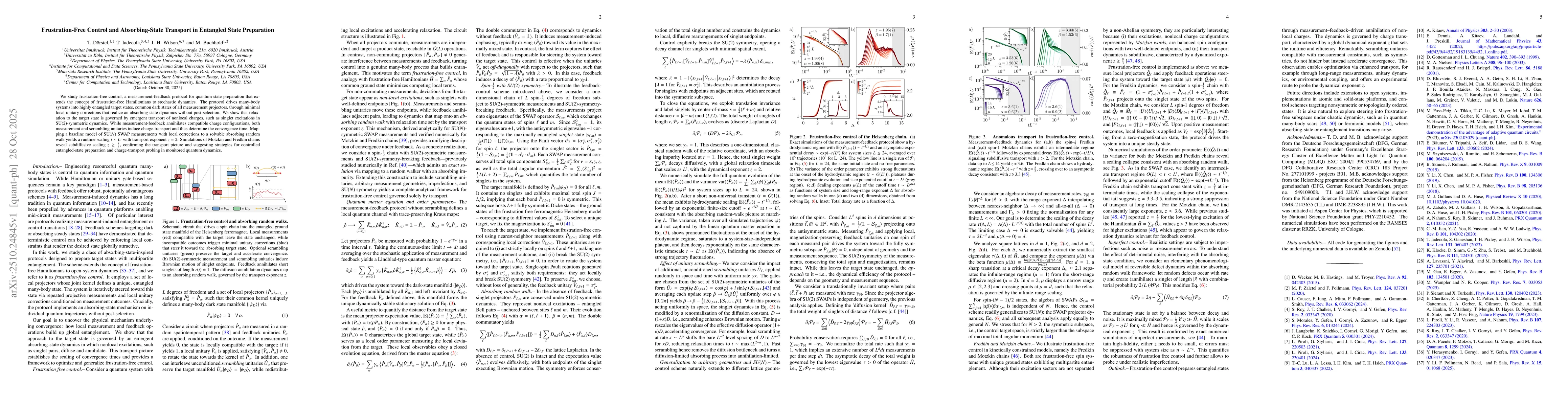 Thumbnail for Frustration-Free Control and Absorbing-State Transport in Entangled
  State Preparation