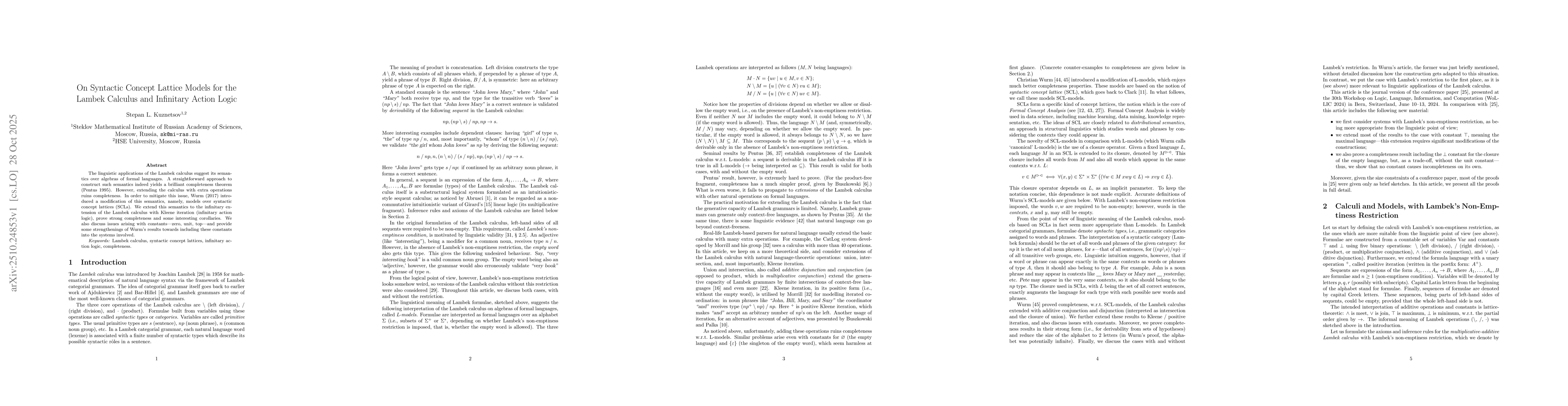 Thumbnail for On syntactic concept lattice models for the Lambek calculus and
  infinitary action logic