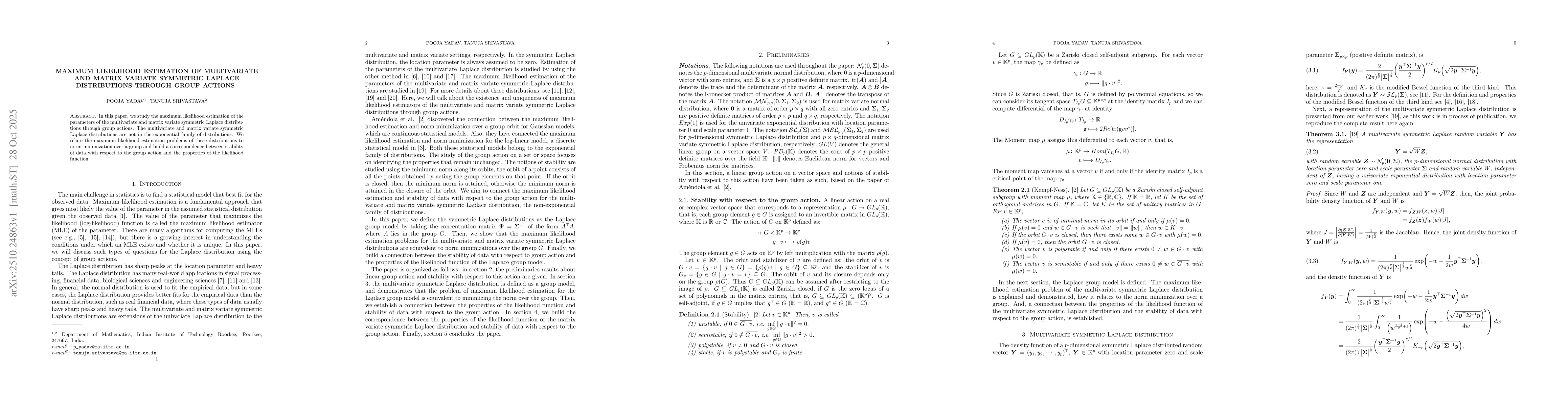 Thumbnail for Maximum Likelihood Estimation in the Multivariate and Matrix Variate
  Symmetric Laplace Distributions through Group Actions