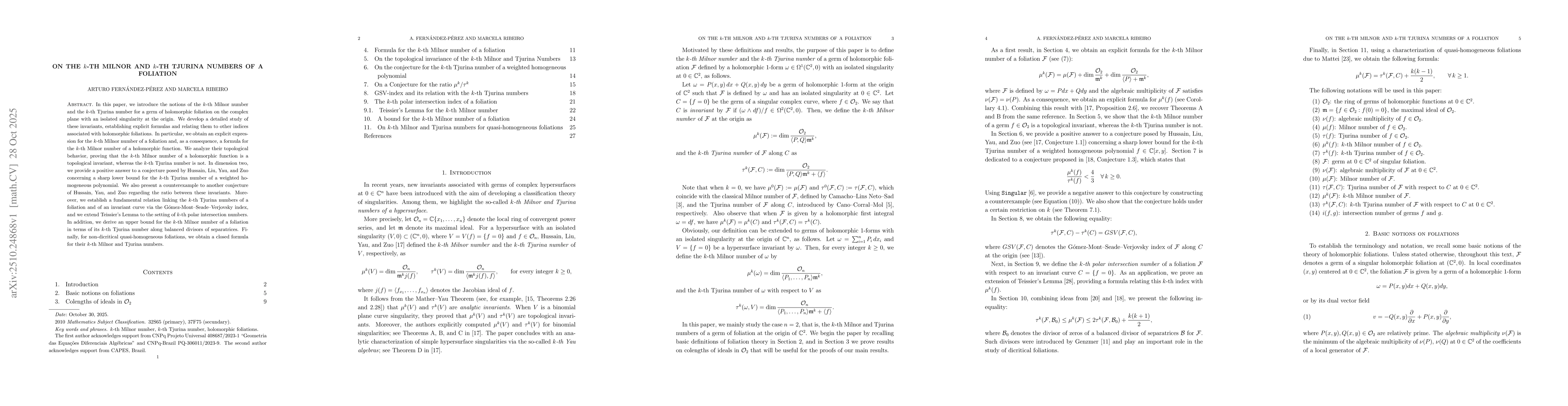 Thumbnail for On the k-th Milnor and k-th Tjurina Numbers of a Foliation