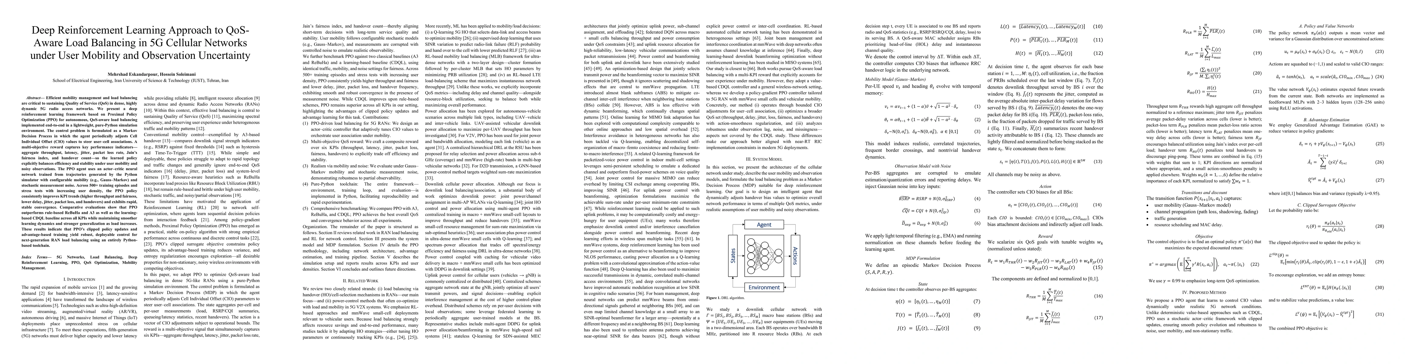 Thumbnail for Deep Reinforcement Learning Approach to QoSAware Load Balancing in 5G
  Cellular Networks under User Mobility and Observation Uncertainty