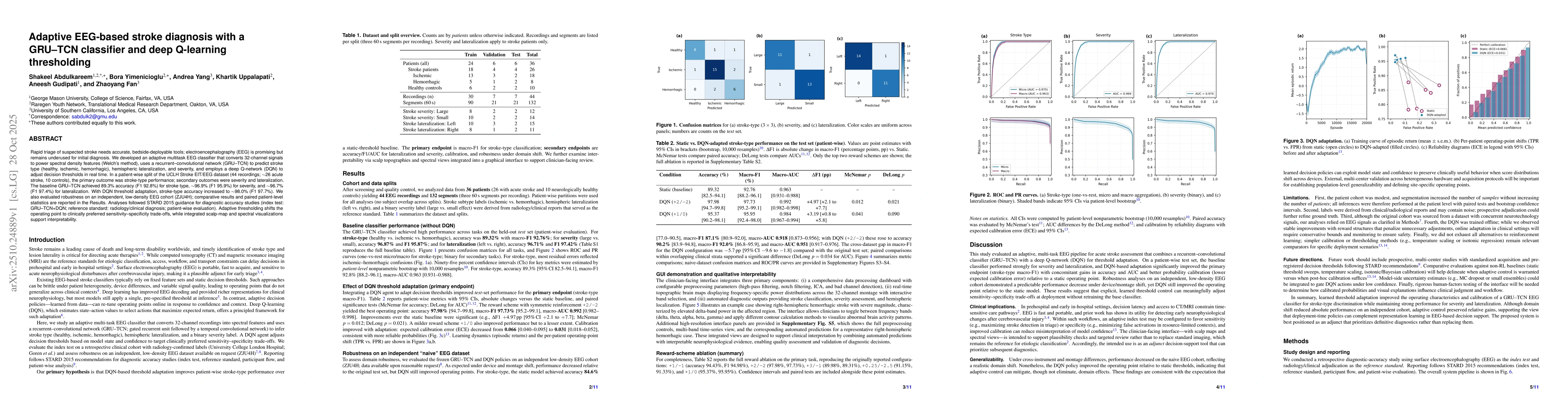 Thumbnail for Adaptive EEG-based stroke diagnosis with a GRU-TCN classifier and deep
  Q-learning thresholding