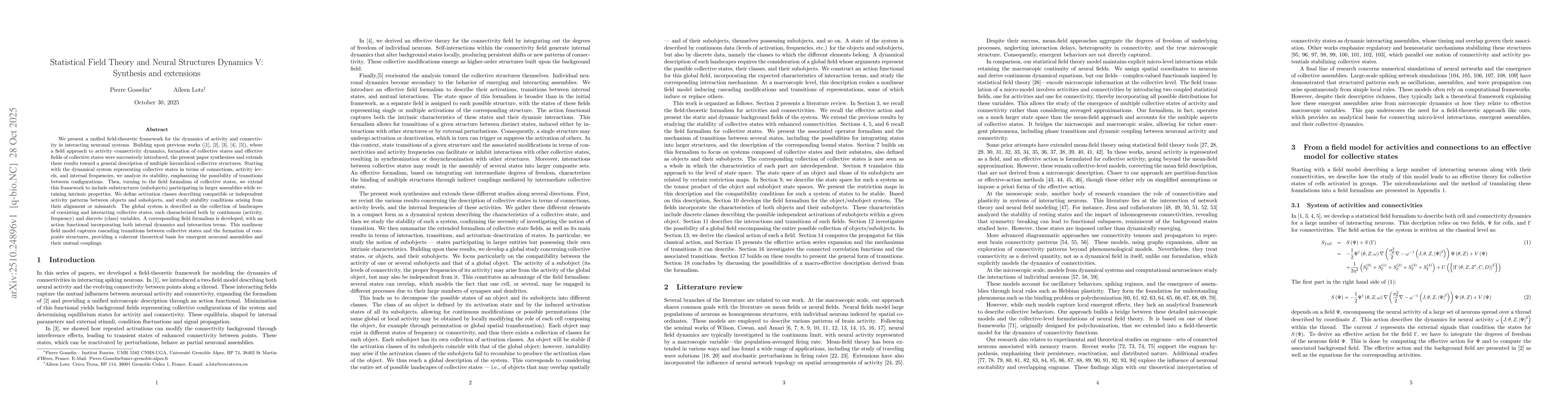Thumbnail for Statistical Field Theory and Neural Structures Dynamics V: Synthesis and
  extensions