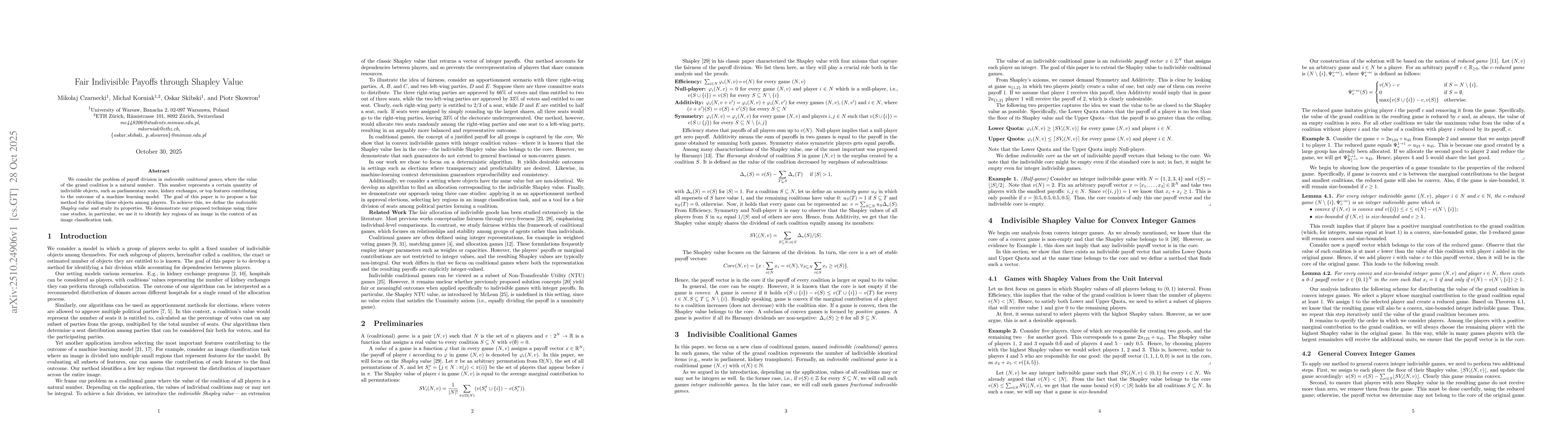 Thumbnail for Fair Indivisible Payoffs through Shapley Value