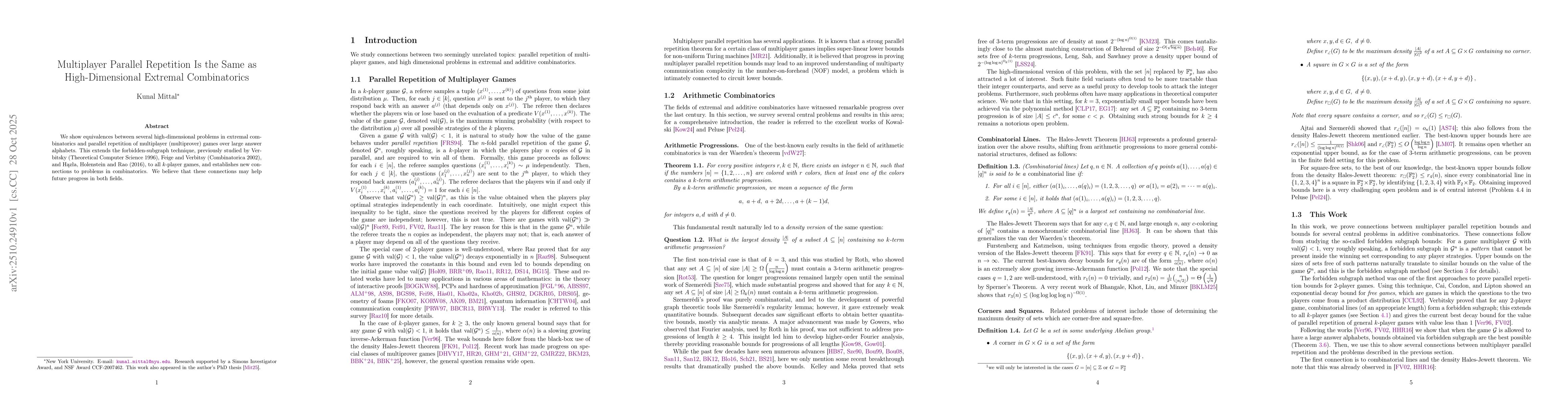 Thumbnail for Multiplayer Parallel Repetition Is the Same as High-Dimensional Extremal
  Combinatorics
