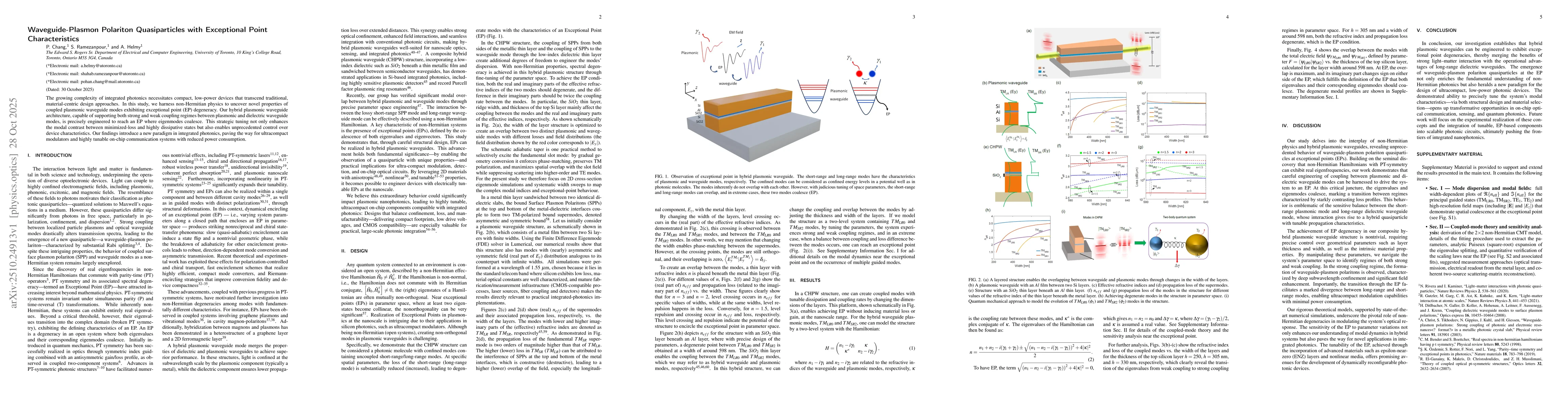Thumbnail for Waveguide-Plasmon Polariton Quasiparticles with Exceptional Point
  Characteristics