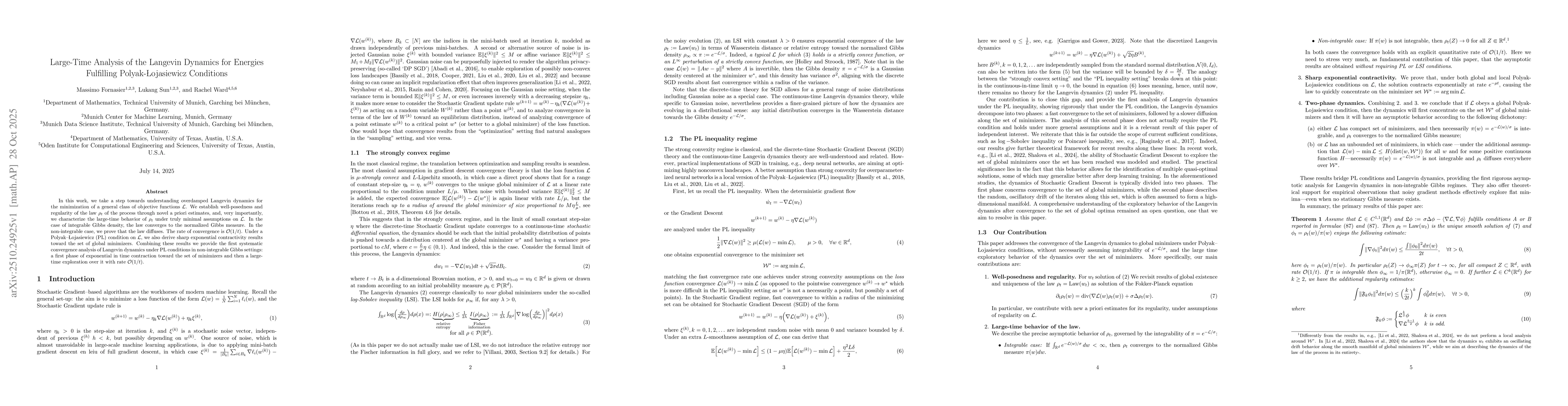 Thumbnail for Large-Time Analysis of the Langevin Dynamics for Energies Fulfilling
  Polyak-Łojasiewicz Conditions