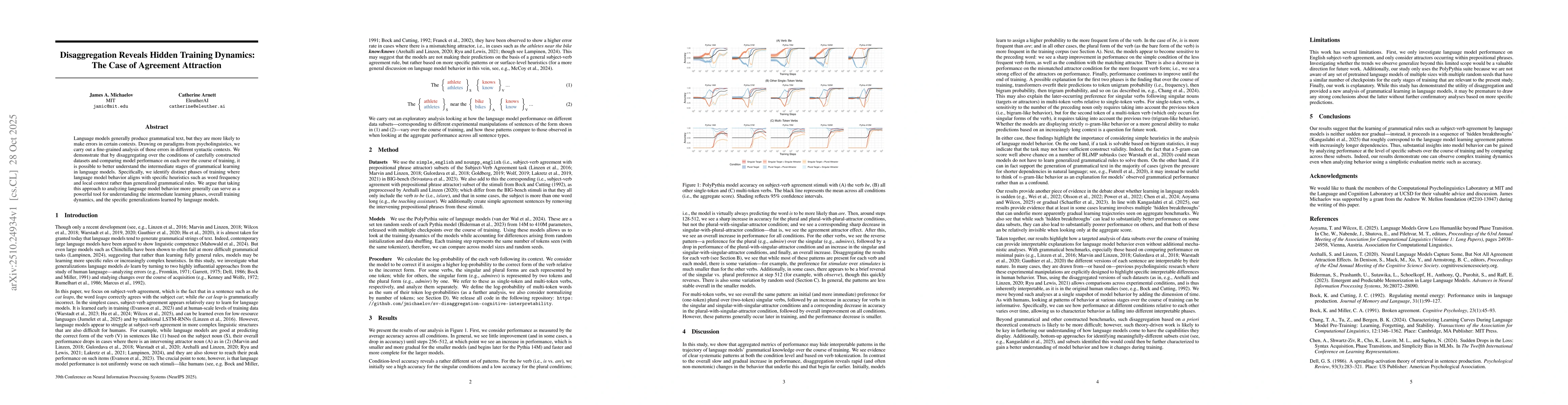 Thumbnail for Disaggregation Reveals Hidden Training Dynamics: The Case of Agreement
  Attraction