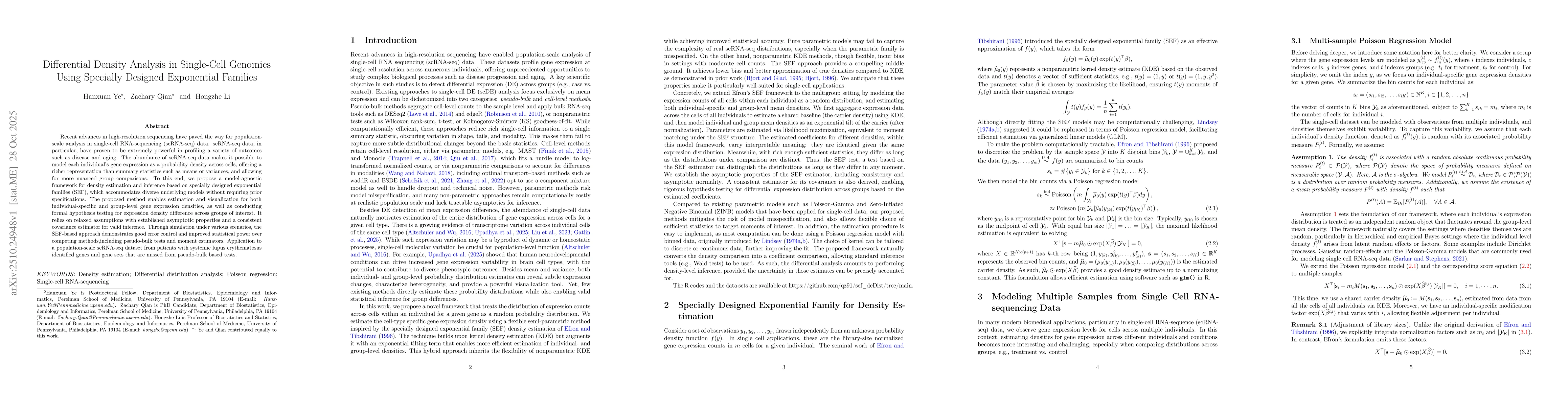 Thumbnail for Differential Density Analysis in Single-Cell Genomics Using Specially
  Designed Exponential Families