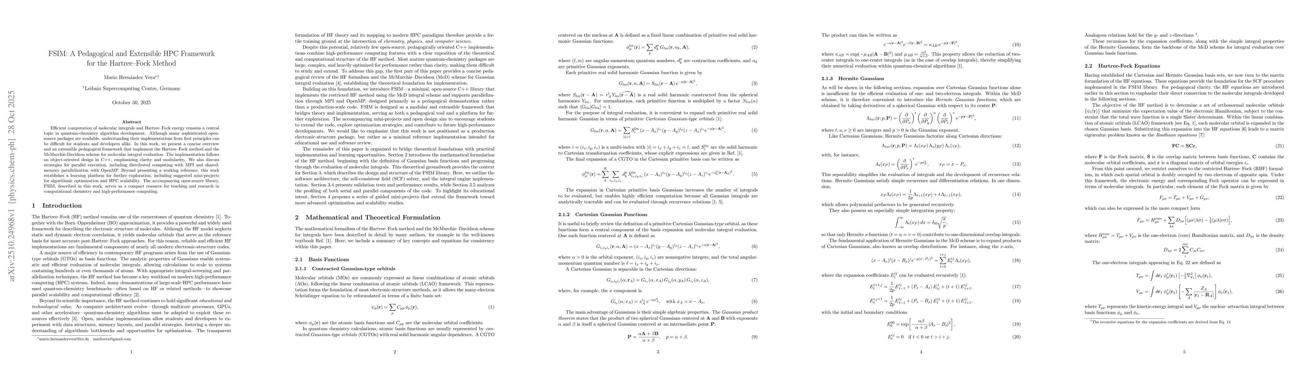 Thumbnail for FSIM: A Pedagogical and Extensible HPC Framework for the Hartree-Fock
  Method