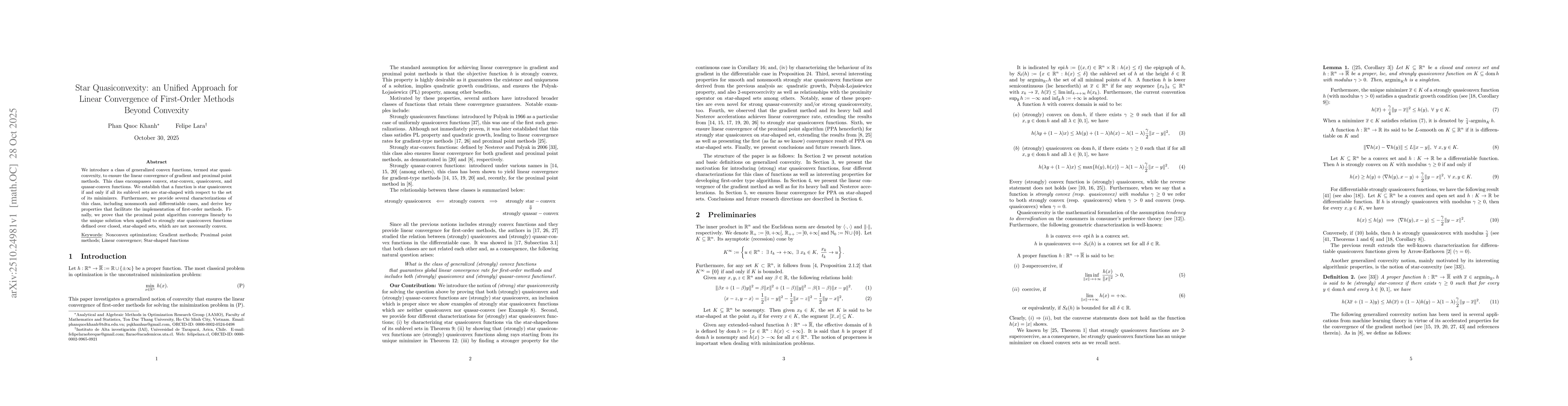 Thumbnail for Star Quasiconvexity: an Unified Approach for Linear Convergence of
  First-Order Methods Beyond Convexity