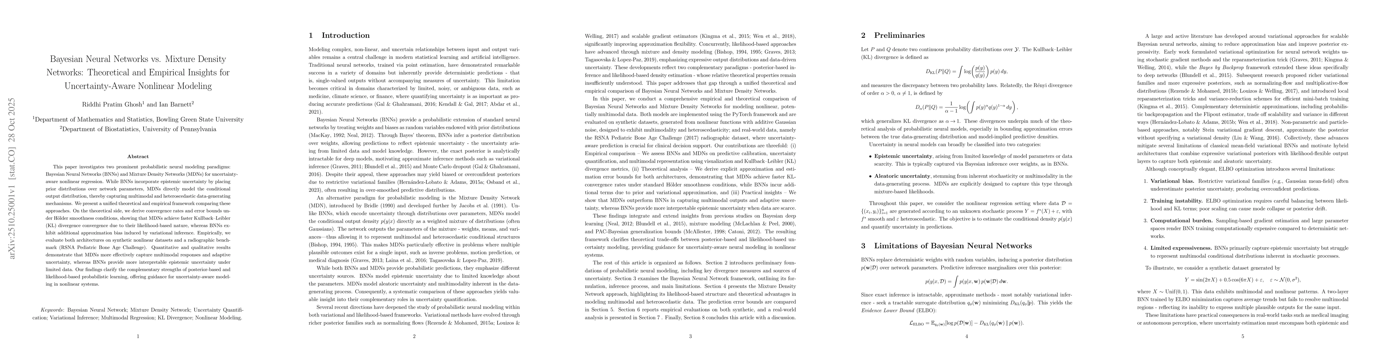 Thumbnail for Bayesian Neural Networks vs. Mixture Density Networks: Theoretical and
  Empirical Insights for Uncertainty-Aware Nonlinear Modeling