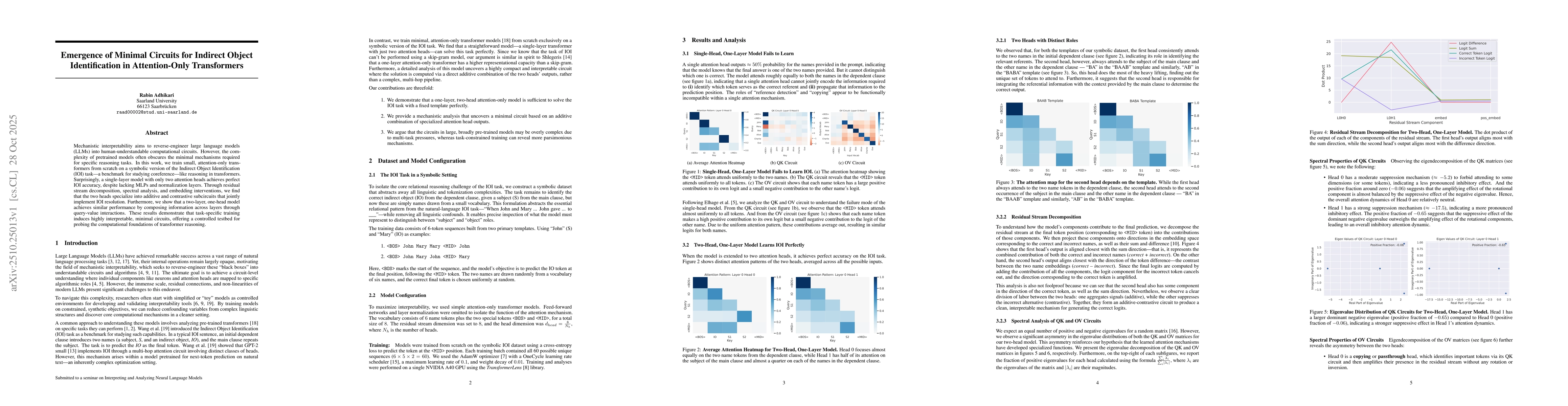 Thumbnail for Emergence of Minimal Circuits for Indirect Object Identification in
  Attention-Only Transformers