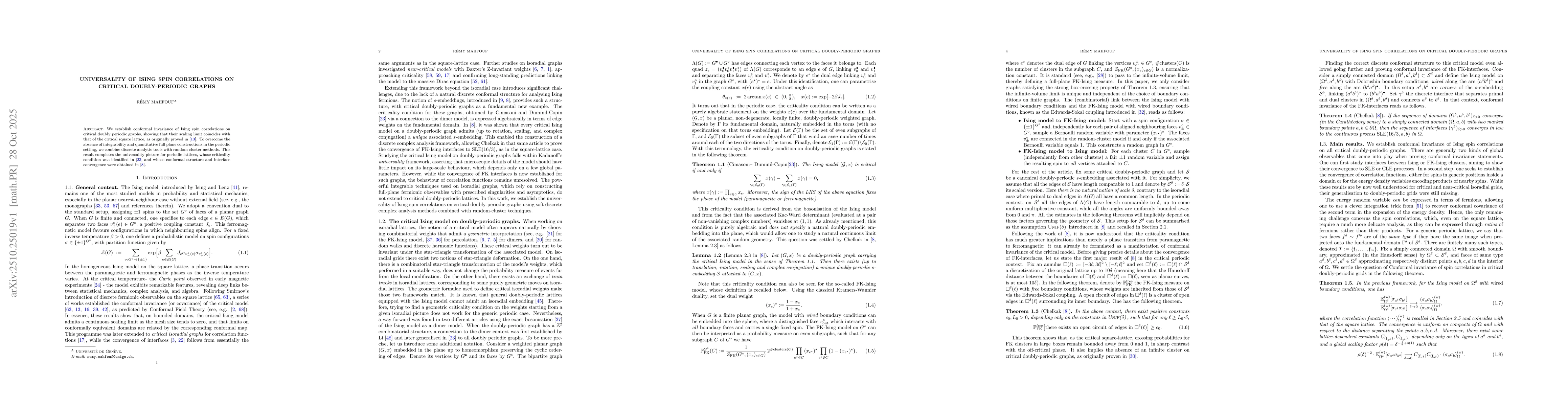 Thumbnail for Universality of Ising spin correlations on critical doubly-periodic
  graphs