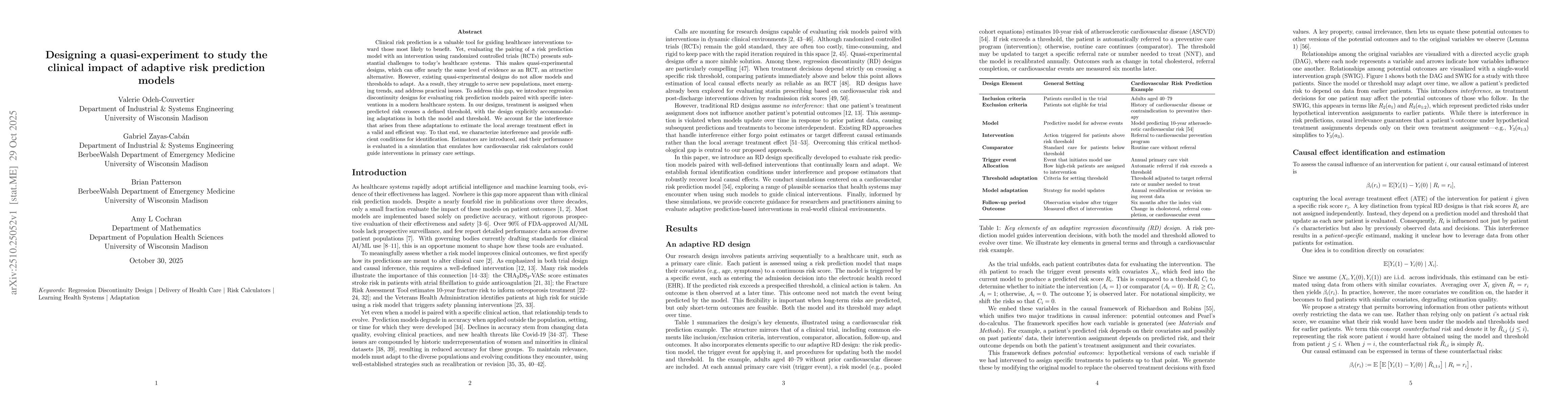 Thumbnail for Designing a quasi-experiment to study the clinical impact of adaptive
  risk prediction models
