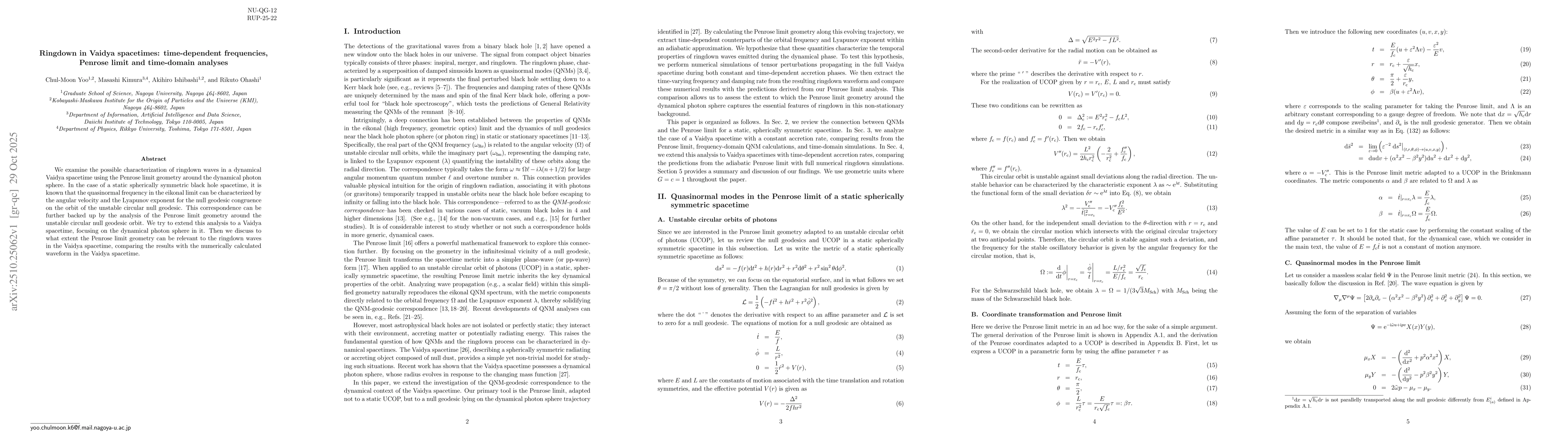 Thumbnail for Ringdown in Vaidya spacetimes: time-dependent frequencies, Penrose limit
  and time-domain analyses