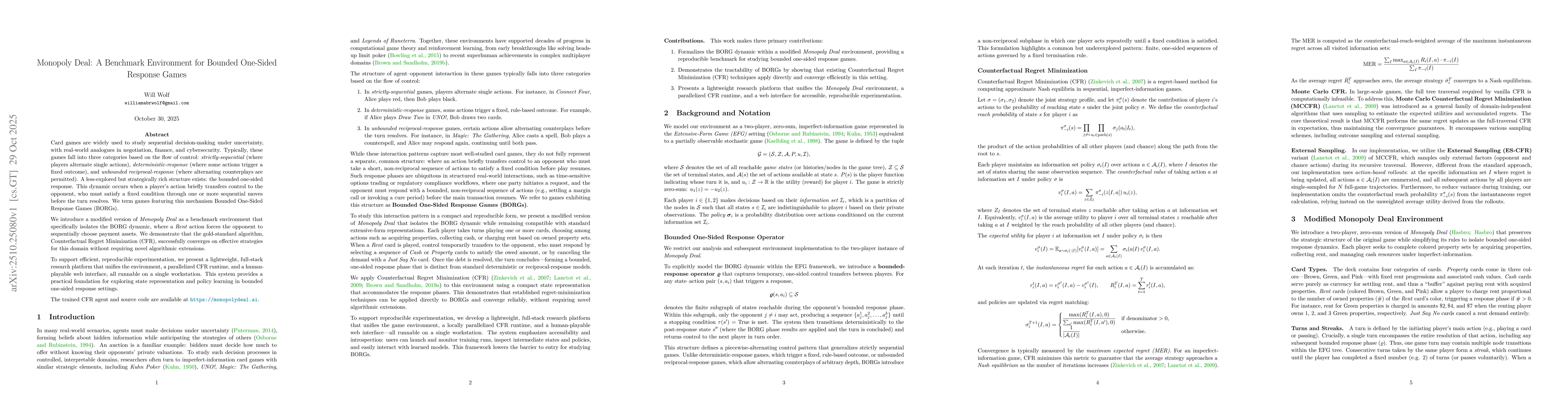 Thumbnail for Monopoly Deal: A Benchmark Environment for Bounded One-Sided Response
  Games