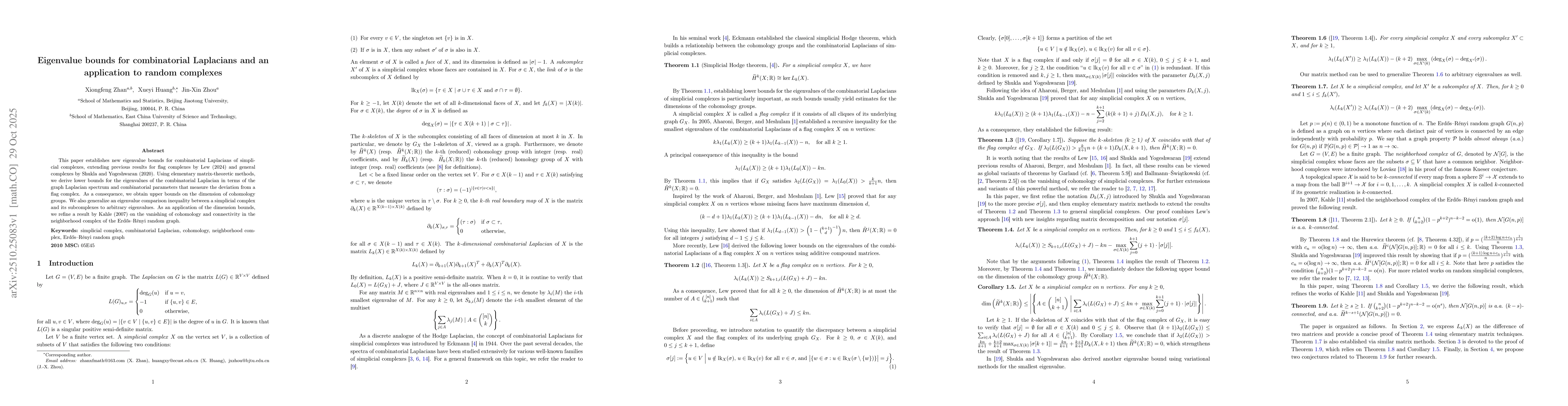 Thumbnail for Eigenvalue bounds for combinatorial Laplacians and an application to
  random complexes