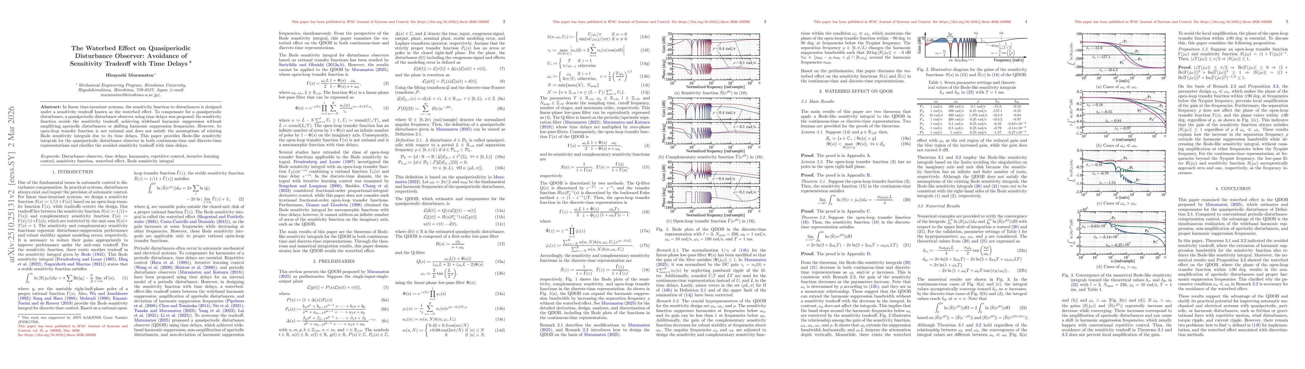 Thumbnail for The Waterbed Effect on Quasiperiodic Disturbance Observer: Avoidance of
  Sensitivity Tradeoff with Time Delays