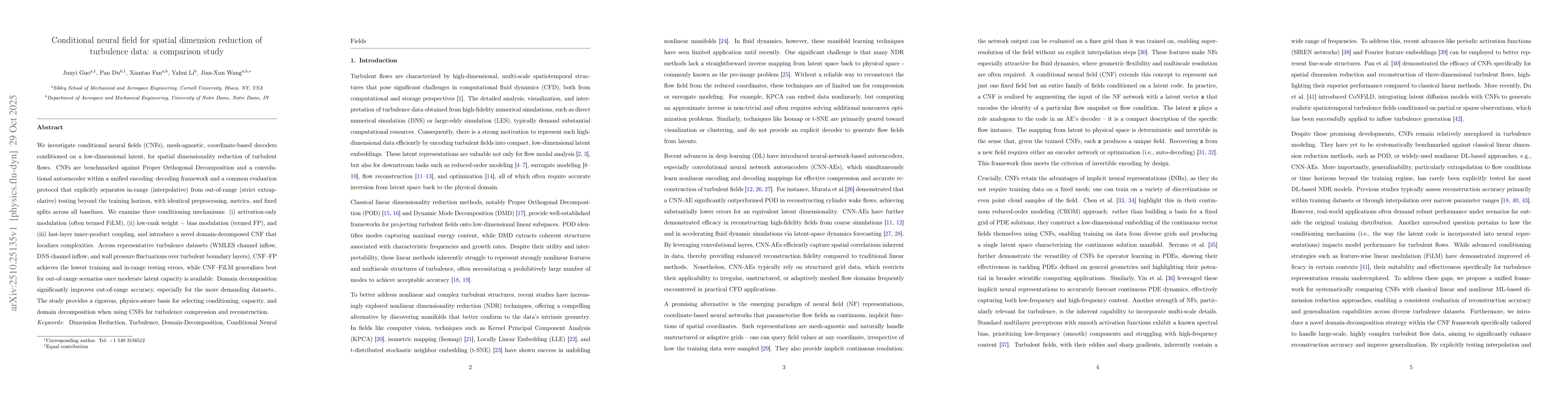 Thumbnail for Conditional neural field for spatial dimension reduction of turbulence
  data: a comparison study