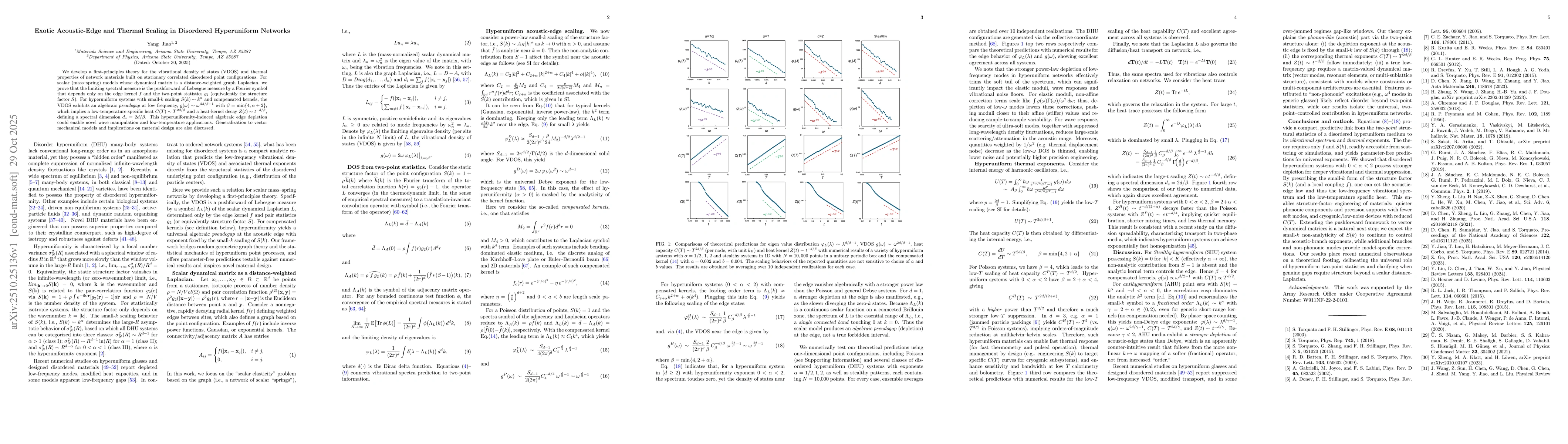 Thumbnail for Exotic Acoustic-Edge and Thermal Scaling in Disordered Hyperuniform
  Networks
