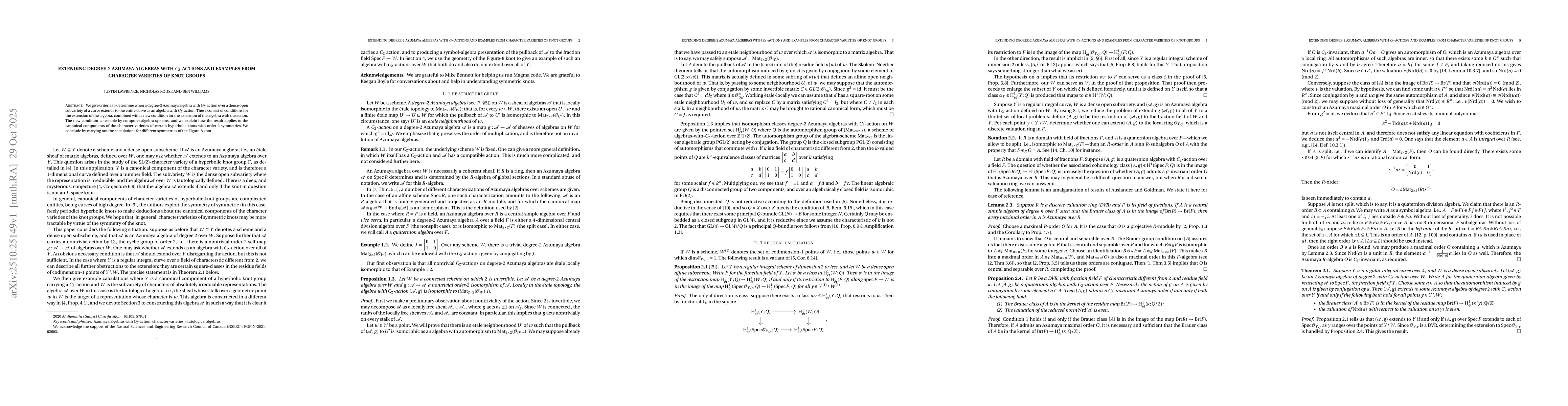 Thumbnail for Extending degree-2 Azumaya algebras with C2-actions and examples from
  character varieties of knot group