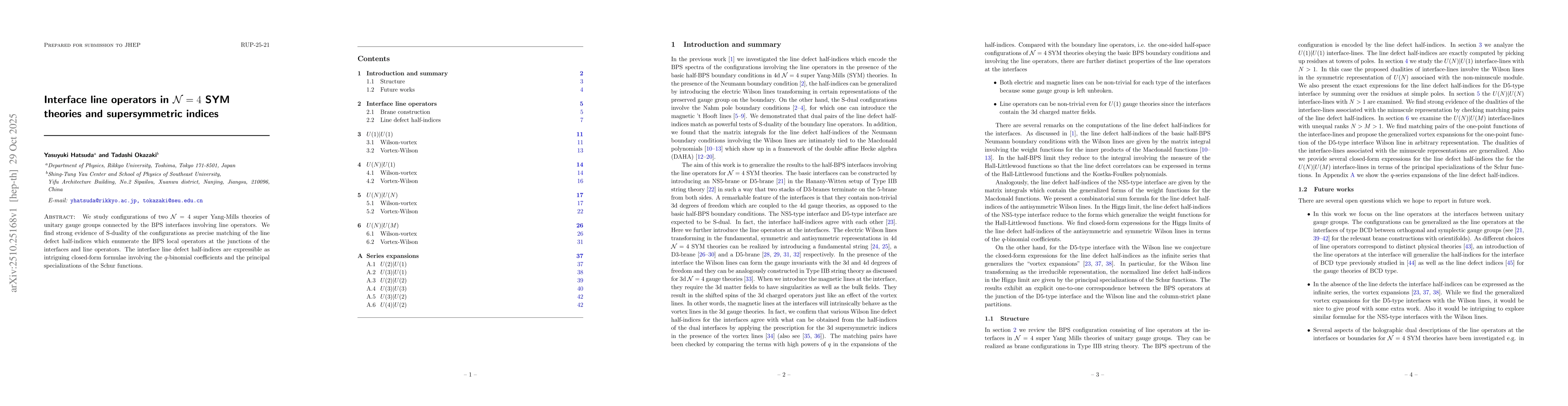 Thumbnail for Interface line operators in $\mathcal{N}=4$ SYM theories and
  supersymmetric indices
