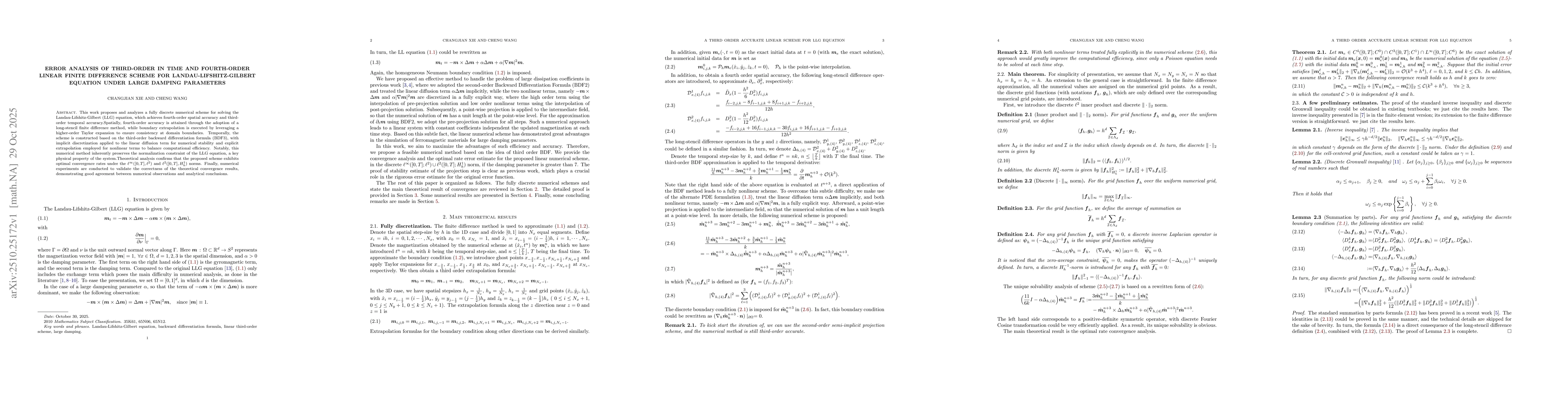 Thumbnail for Error Analysis of Third-Order in Time and Fourth-Order Linear Finite
  Difference Scheme for Landau-Lifshitz-Gilbert Equation under Large Damping
  Parameters