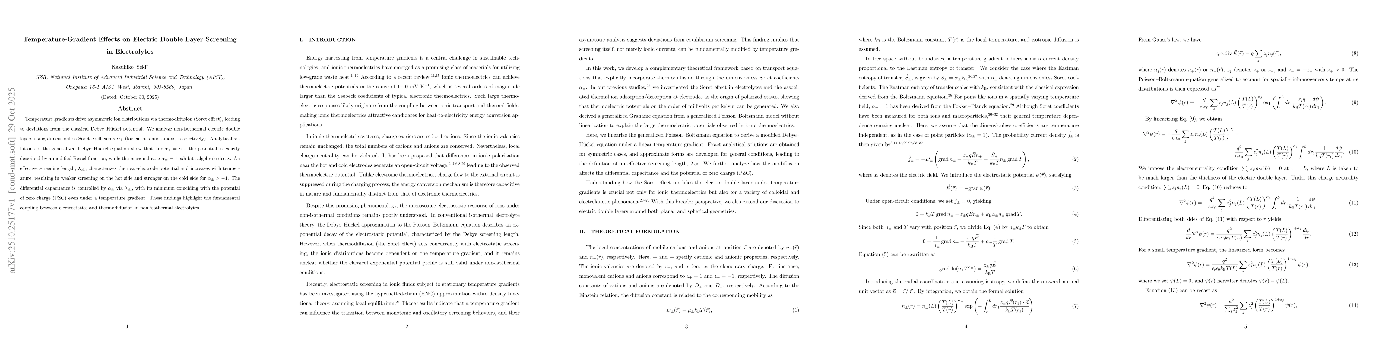Thumbnail for Temperature-Gradient Effects on Electric Double Layer Screening in
  Electrolytes