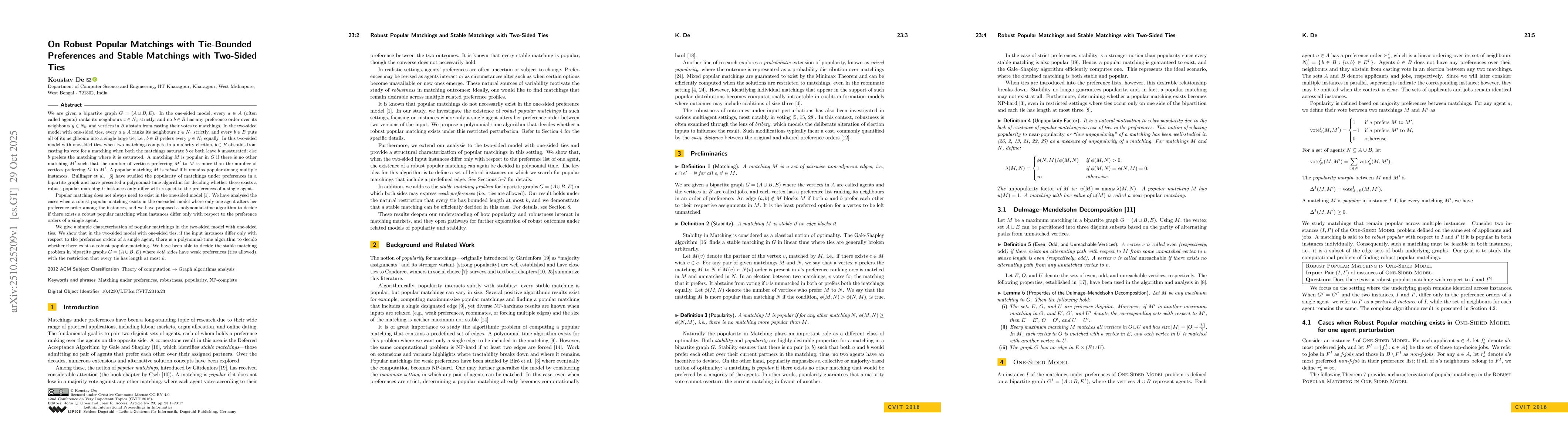 Thumbnail for On Robust Popular Matchings with Tie-Bounded Preferences and Stable
  Matchings with Two-Sided Ties