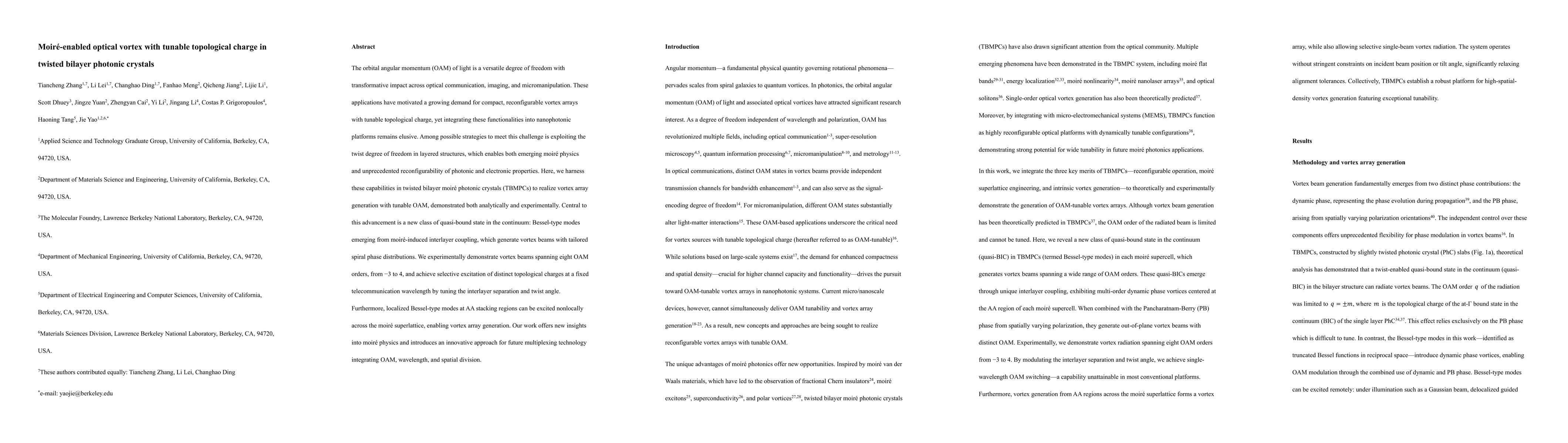Thumbnail for Moire-enabled optical vortex with tunable topological charge in twisted
  bilayer photonic crystals