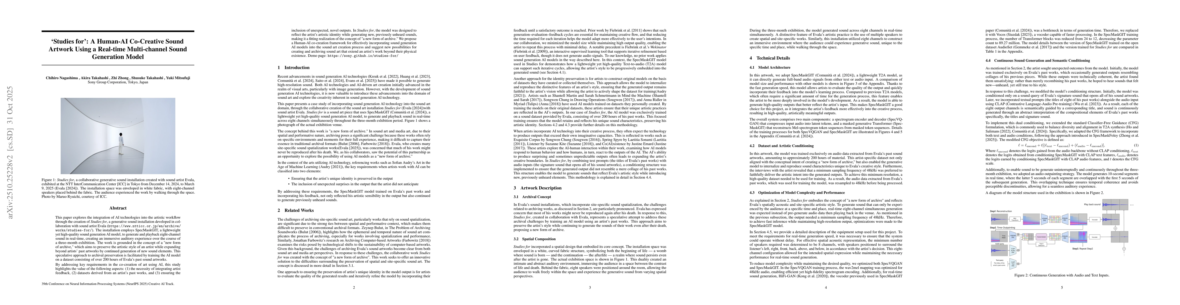 Thumbnail for 'Studies for': A Human-AI Co-Creative Sound Artwork Using a Real-time
  Multi-channel Sound Generation Model