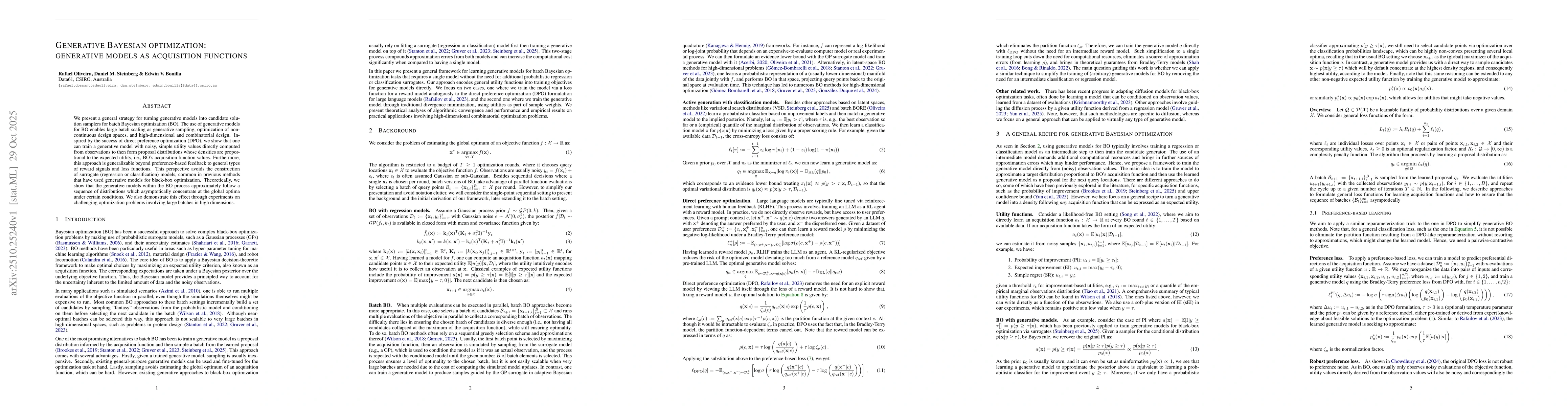 Thumbnail for Generative Bayesian Optimization: Generative Models as Acquisition
  Functions