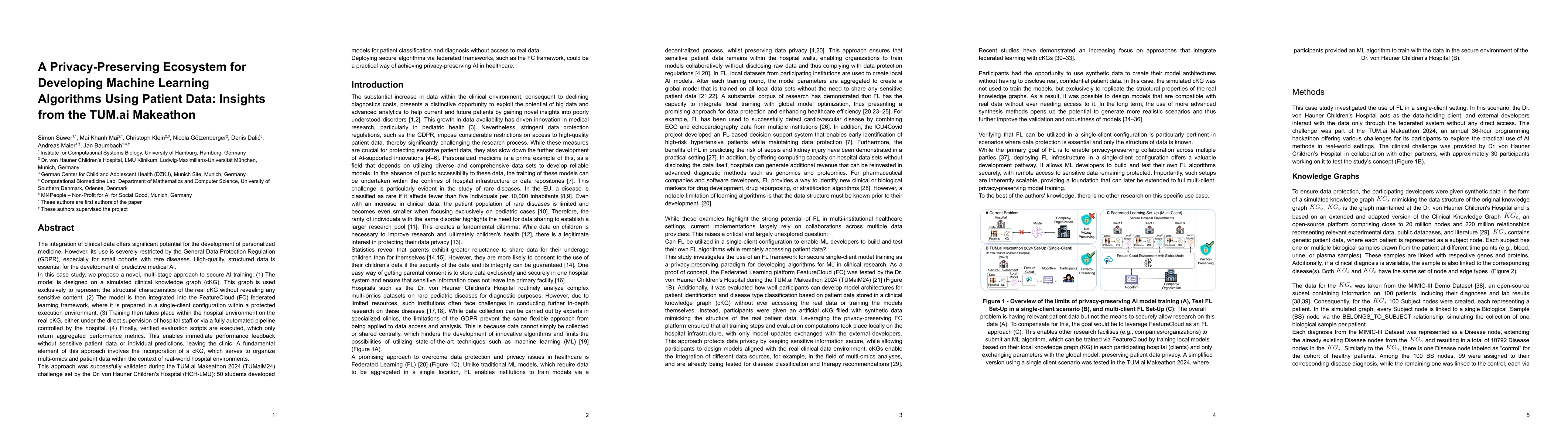 Thumbnail for A Privacy-Preserving Ecosystem for Developing Machine Learning
  Algorithms Using Patient Data: Insights from the TUM.ai Makeathon