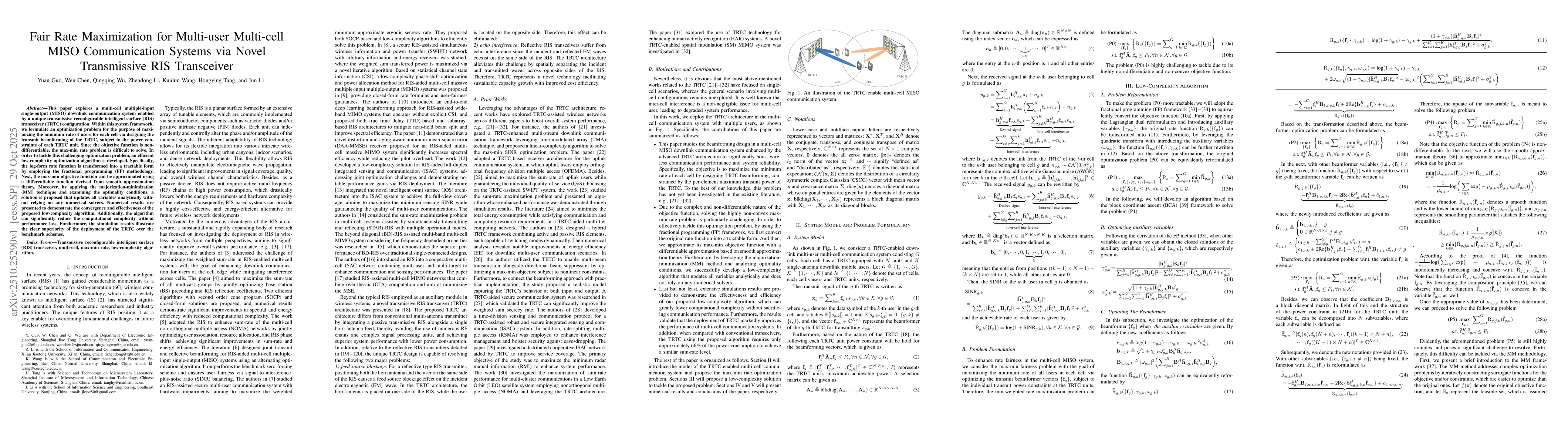 Thumbnail for Fair Rate Maximization for Multi-user Multi-cell MISO Communication
  Systems via Novel Transmissive RIS Transceiver
