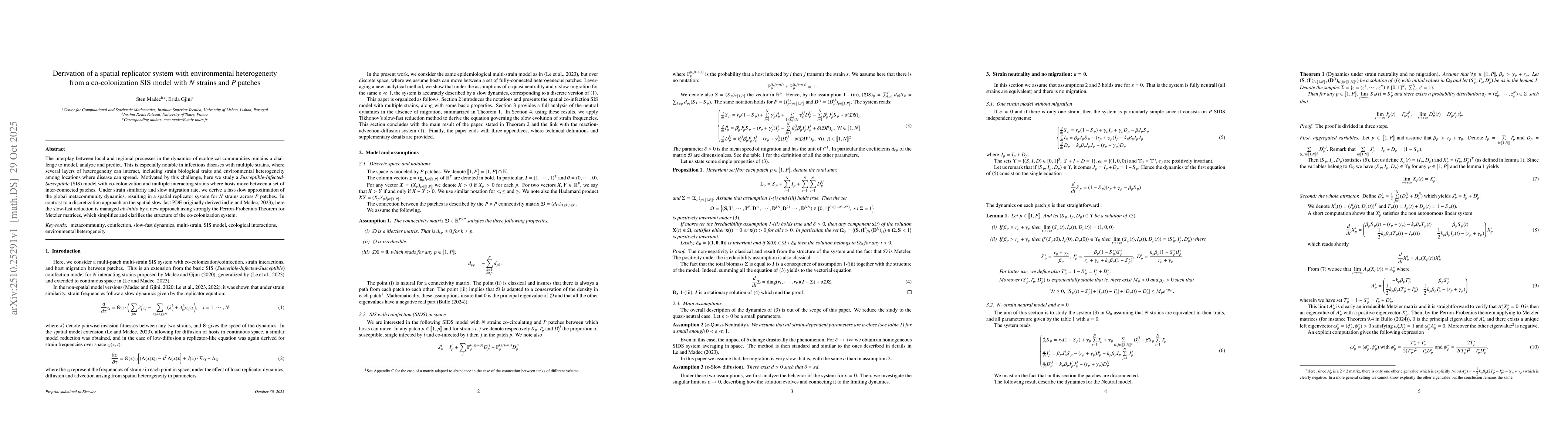 Thumbnail for Derivation of a spatial replicator system with environmental
  heterogeneity from a co-colonization SIS model with N strains and P patches