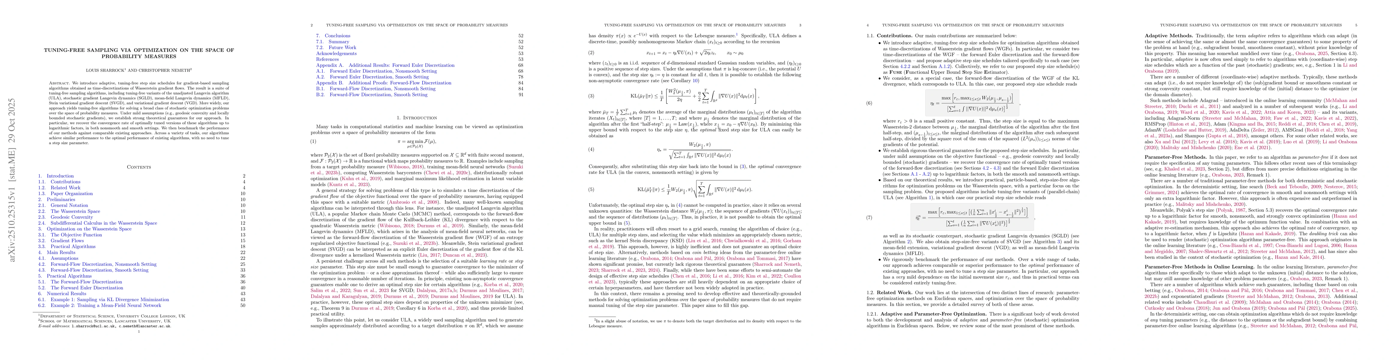 Thumbnail for Tuning-Free Sampling via Optimization on the Space of Probability
  Measures