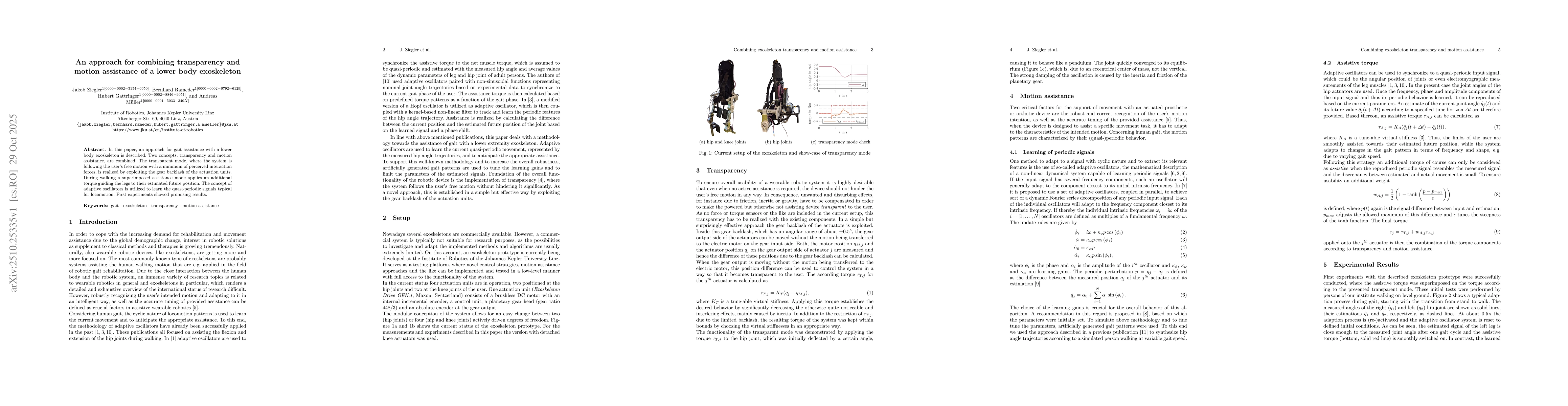 Thumbnail for An approach for combining transparency and motion assistance of a lower
  body exoskeleton