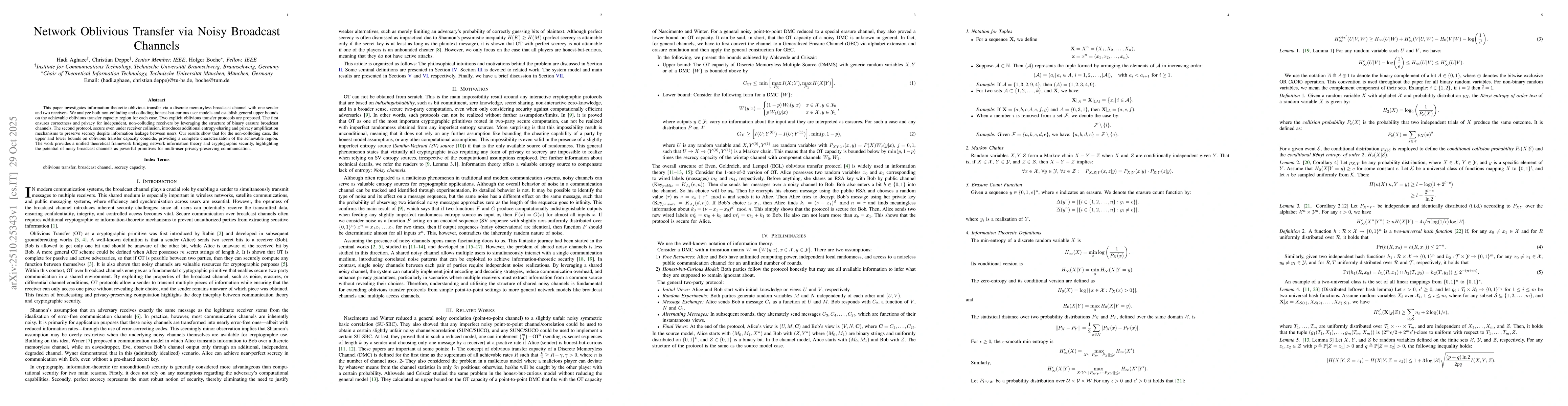 Thumbnail for Network Oblivious Transfer via Noisy Broadcast Channels