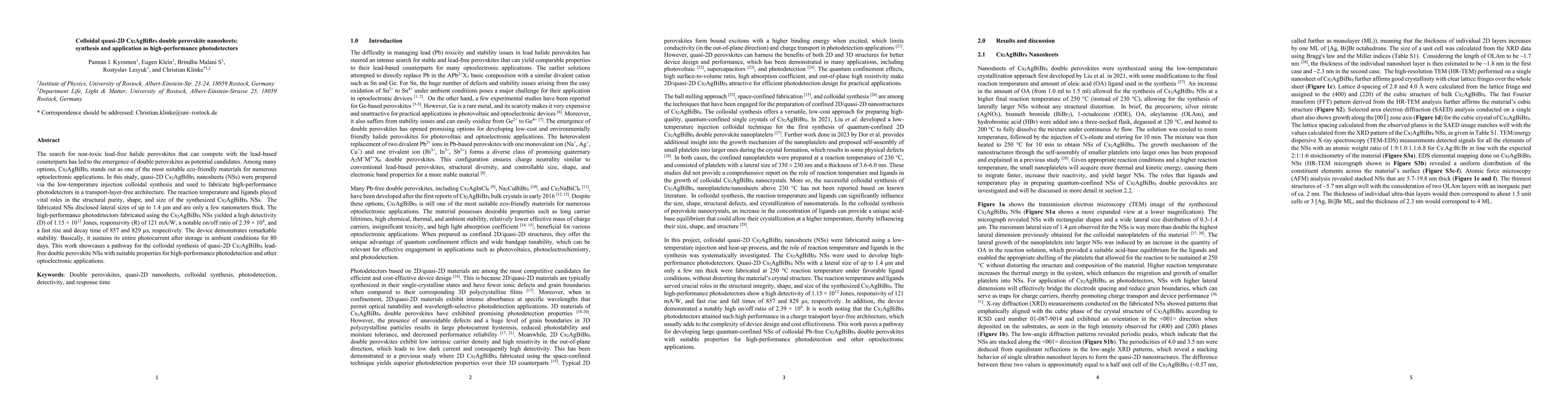 Thumbnail for Colloidal quasi-2D Cs2AgBiBr6 double perovskite nanosheets: synthesis
  and application as high-performance photodetectors